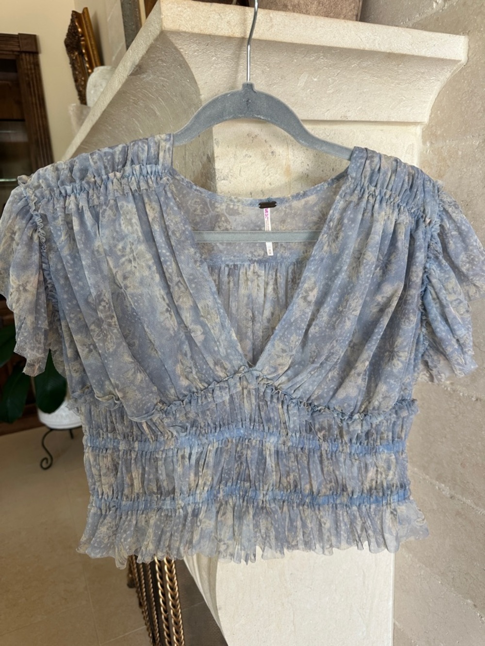 Free People Dusty Blue Floral Smocked Crop Top mesh